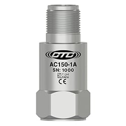 A stainless steel AC150 top exit, standard size industrial vibration sensor engraved with the CTC Line logo, part number, serial number, and CE and UKCA markings.